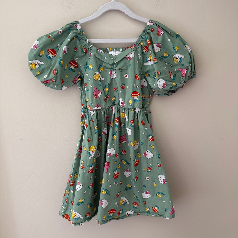 Hello Kitty and Friends Sanrio Sage Green Mushroom Puff Sleeve Dress Kids S